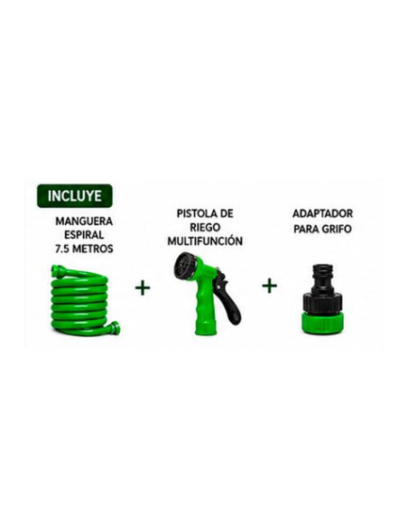 MANGUERA ESPIRAL DE JARDIN 7.5 METROS CON PISTOLA DE RIEGO SUNGARDEN