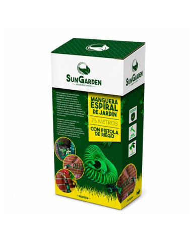 MANGUERA ESPIRAL DE JARDIN 7.5 METROS CON PISTOLA DE RIEGO SUNGARDEN