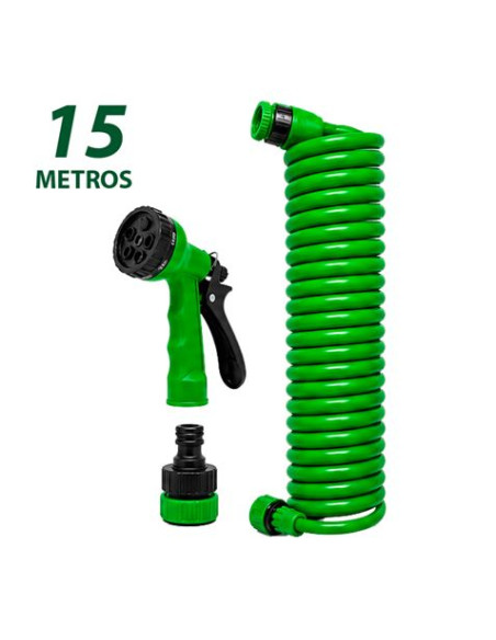 MANGUERA ESPIRAL DE JARDIN 15 METROS CON PISTOLA DE RIEGO SUNGARDEN