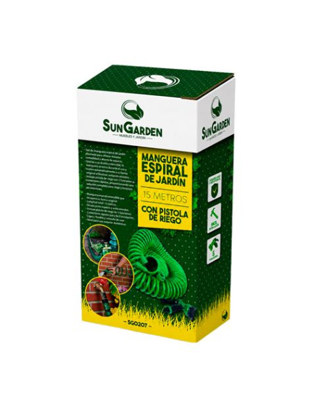 MANGUERA ESPIRAL DE JARDIN 15 METROS CON PISTOLA DE RIEGO SUNGARDEN