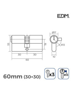 BOMBIN NIQUEL 60MM 30+30MM LEVA CORTA 3 LLAVES 2