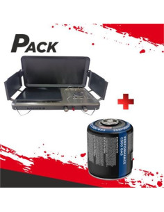 COCINA DE GAS PORTATIL PREMIUM PLANCHA + DOBLE QUEMADOR + CARTUCHO DE GAS