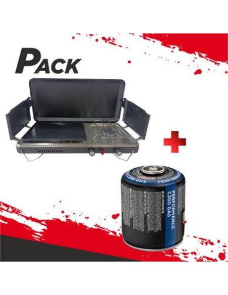 COCINA DE GAS PORTATIL PREMIUM PLANCHA + DOBLE QUEMADOR + CARTUCHO DE GAS