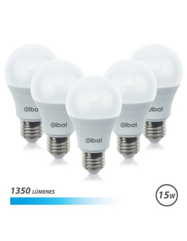 PACK 5 BOMBILLAS LED A60 | 15W | 1350LM | E27 | LUZ FRIA | ELBAT