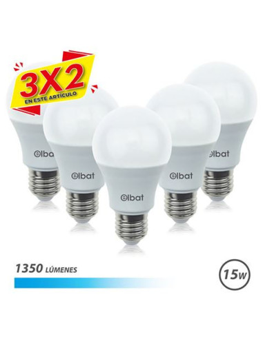 PACK 5 BOMBILLAS LED A60 | 15W | 1350LM | E27 | LUZ FRIA | ELBAT (3 X 2)