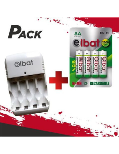 CARGADOR DE PILAS + 4 PILAS RECARGABLES AA ELBAT