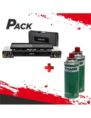 COCINA DE GAS DOBLE BOMBONA ACERO + PLANCHA + MALETIN + 2 CARTUCHOS GAS