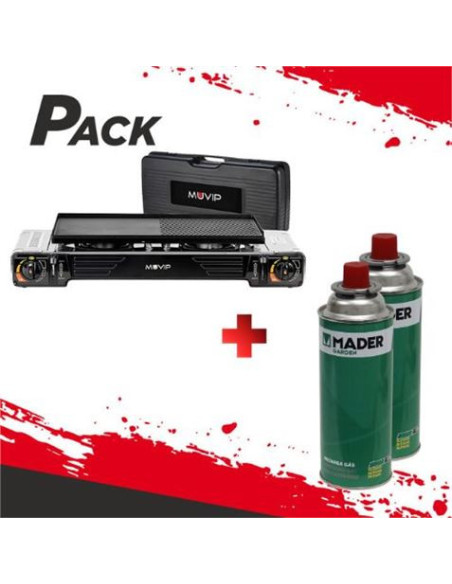 COCINA DE GAS DOBLE BOMBONA ACERO + PLANCHA + MALETIN + 2 CARTUCHOS GAS