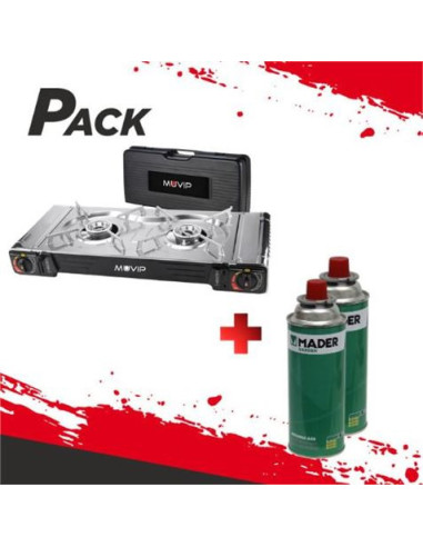 COCINA DE GAS PORTATIL DOBLE BOMBONA ACERO + 2 CARTUCHOS DE GAS