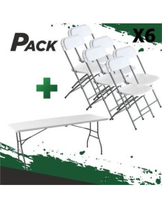 MESA DE RESINA PLEGABLE 180X70X74CM + 6 SILLAS RESINA PLEGABLE 80X50X45CM