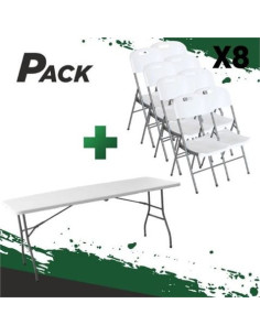 MESA DE RESINA PLEGABLE 180X70X74CM + 8 SILLAS RESINA PLEGABLE PRO 44X53X83
