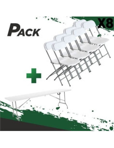 MESA DE RESINA PLEGABLE 240X74X74CM + 8 SILLAS RESINA PLEGABLE 80X50X45CM