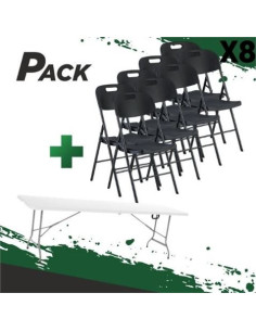 MESA DE RESINA PLEGABLE 240X74X74CM + 8 SILLAS RESINA PLEGABLE PRO 44X53X83