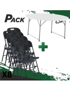 MESA DE RESINA REDONDA PLEGABLE 160X74 + 8 SILLAS RESINA PLEGABLE PRO NEGRA