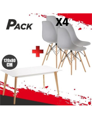MESA DESIGN D900 120X80CM BLANCA + 4 SILLAS DESIGN D100 GRISES MUVIP