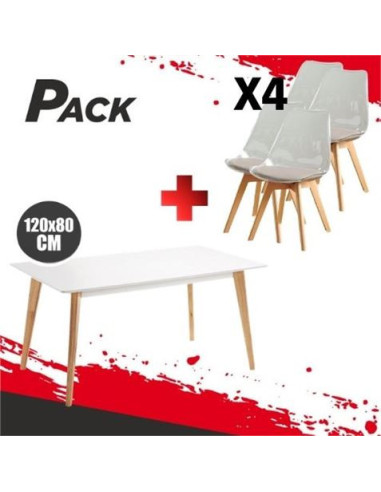 MESA DESIGN D900 120X80CM BLANCA + 4 SILLAS DESIGN D100 TRANSPARENTE