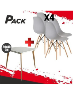 MESA DESIGN D900 80X80CM BLANCA + 4 SILLAS DESIGN D100 GRISES MUVIP