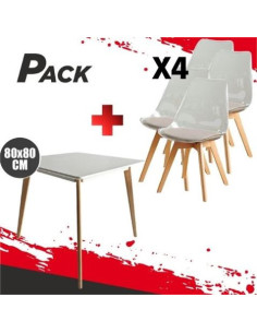 MESA DESIGN D900 80X80CM BLANCA + 4 SILLAS DESIGN D1000 TRANSPARENTES