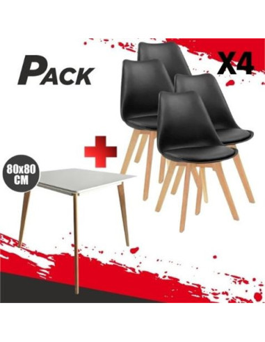 MESA DESIGN D900 80X80CM BLANCA + 4 SILLAS DESIGN D200 NEGRAS