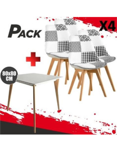 MESA DESIGN D900 80X80CM BLANCA + 4 SILLAS DESIGN D400 TELA PATCHWORK