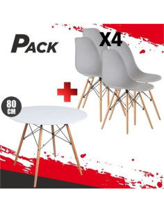 MESA REDONDA DESIGN D500 80CM BLANCA + 4 SILLAS DESIGN D100 GRISES MUVIP