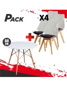 MESA REDONDA DESIGN D500 80CM BLANCA + 4 SILLAS DESIGN D1000 TRANS+NEGRO