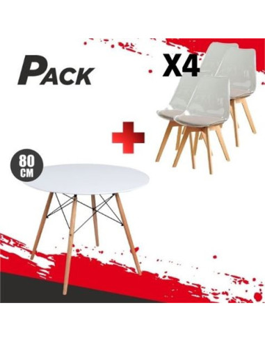 MESA REDONDA DESIGN D500 80CM BLANCA + 4 SILLAS DESIGN D1000 TRANSPARENTES