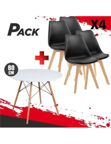 MESA REDONDA DESIGN D500 80CM BLANCA + 4 SILLAS DESIGN D200 NEGRAS