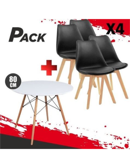 MESA REDONDA DESIGN D500 80CM BLANCA + 4 SILLAS DESIGN D200 NEGRAS