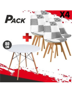 MESA REDONDA DESIGN D500 80CM BLANCA + 4 SILLAS DESIGN D400 TELA PATCHWORK