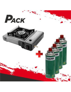 PACK COCINA GAS PORTATIL DOBLE MUVIP + 4 CARTUCHOS GAS 227GR. MADER