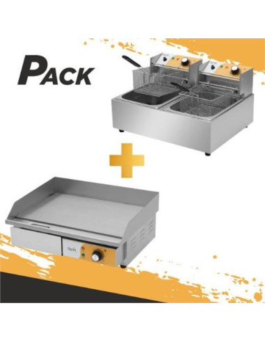 PLANCHA PROFESIONAL SUPERFICIE LISA 3000W + FREIDORA PROFESIONAL DOBLE 9+9L
