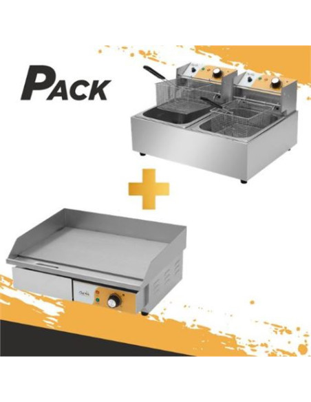 PLANCHA PROFESIONAL SUPERFICIE LISA 3000W + FREIDORA PROFESIONAL DOBLE 9+9L