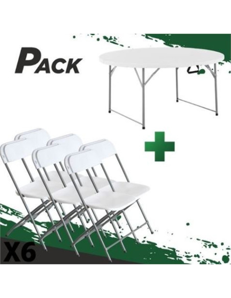 MESA DE RESINA REDONDA PLEGABLE 160X74 + 6 SILLAS RESINA PLEGABLE 80X50X45