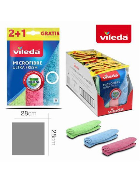 PACK 3 BAYETAS MICROFIBRAS 28X28 COLORES VILEDA