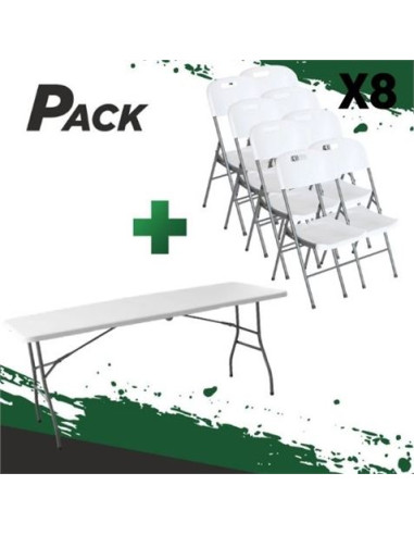 MESA DE RESINA PLEGABLE 180X70X74CM + 8 SILLAS RESINA PLEGABLE PRO 44X53X83