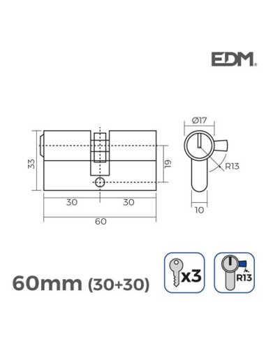 BOMBIN NIQUEL 60MM 30+30MM LEVA CORTA 3 LLAVES
