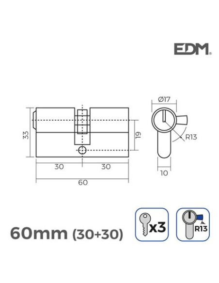BOMBIN NIQUEL 60MM 30+30MM LEVA CORTA 3 LLAVES