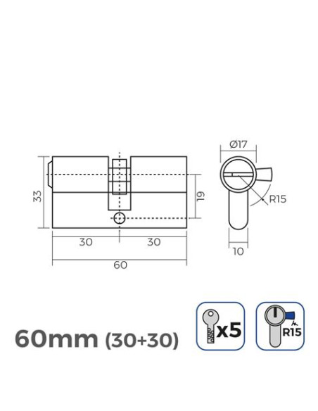 BOMBIN LATON 60MM 30+30MM LEVA LARGA LLAVE SEGURIDAD