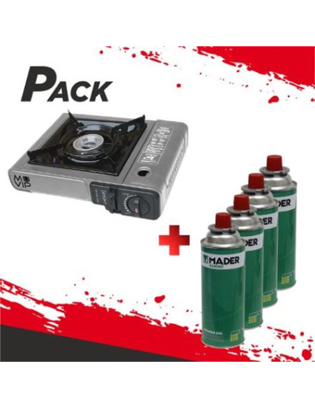 PACK COCINA GAS PORTATIL MUVIP + 4 CARTUCHOS GAS 227GR. MADER