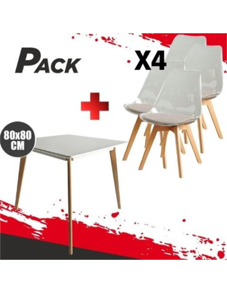 MESA DESIGN D900 80X80CM BLANCA + 4 SILLAS DESIGN D1000 TRANSPARENTES