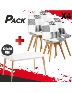 MESA DESIGN D900 120X80CM BLANCA + 4 SILLAS DESIGN D400 TELA PATCHWORK