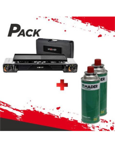 COCINA DE GAS DOBLE BOMBONA ACERO + PLANCHA + MALETIN + 2 CARTUCHOS GAS