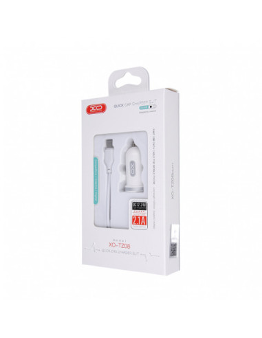 PACK CARGADOR MECHERO TZ08 2.1A + CABLE TIPO LIGHTNING BLANCO XO