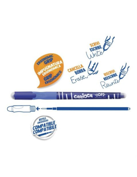 BOLIGRAFO ERGONOMICO BORRABLE PUNTA 0.7MM AZUL CON GOMA CARIOCA