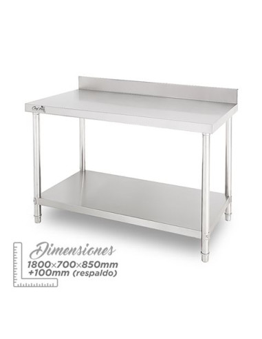 MESA DE TRABAJO ACERO INOXIDABLE 180X70X85CM CON RESPALDO CHEF PRO