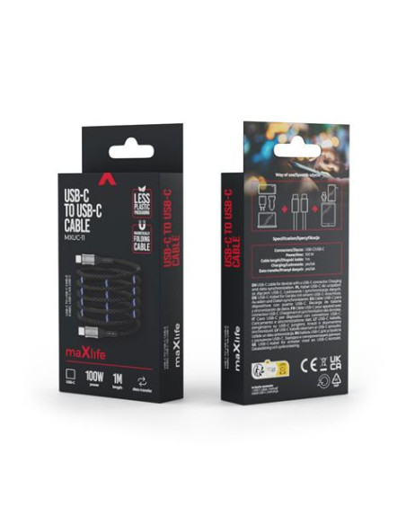 CABLE NYLON TIPO C A TIPO C MAGNETICO 100W 1M NEGRO MAXLIFE