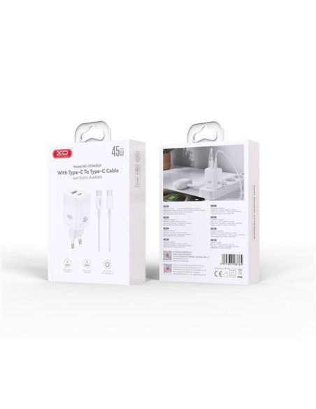 CARGADOR USB+USB-C 45W CON CABLE TIPO-C BLANCO XO