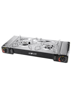 COCINA DE GAS PORTATIL DOBLE BOMBONA ACERO + PLANCHA + MALETIN MUVIP 2