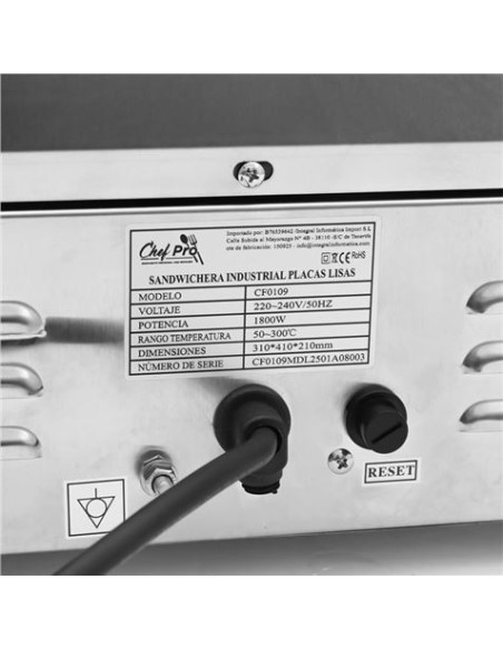 SANDWICHERA INDUSTRIAL PLACAS LISAS 1800W CHEF PRO